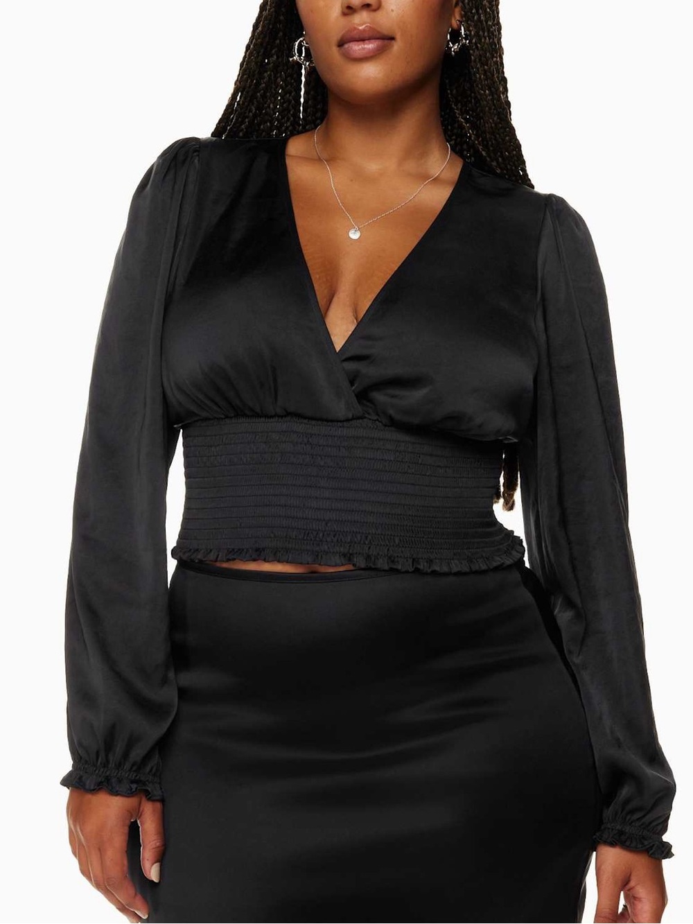 Net Aritzia Black Satin Smocked-Waist Long-Sleeve Top